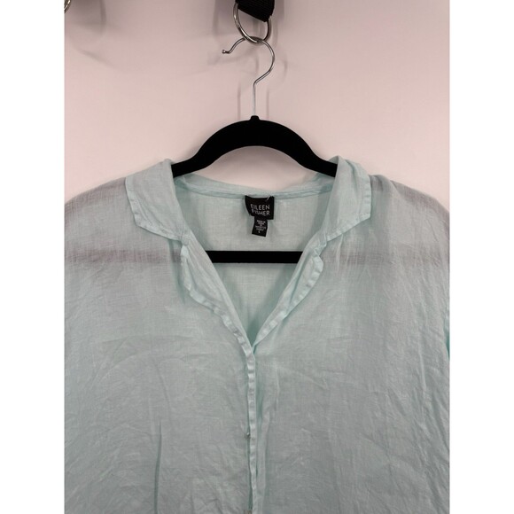 Eileen Fisher Irish Linen Top Large Button Down Collar 3/4 Sleeve Blue $158 - Picture 2 of 9